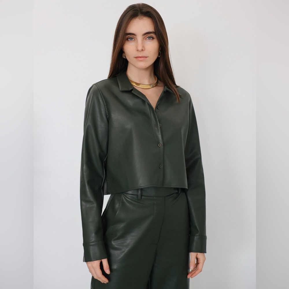 Olive Green Vegan Leather Crop Button Down